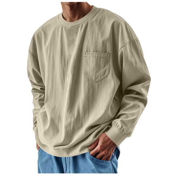 Yievot Mens Oversized Long Sleeve Shirts Loose Casual Crew Neck T-Shirt Washed Distressed Shirt with Pocket