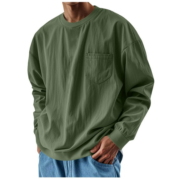 Yievot Mens Oversized Long Sleeve Shirts Loose Casual Crew Neck T-Shirt Washed Distressed Shirt with Pocket