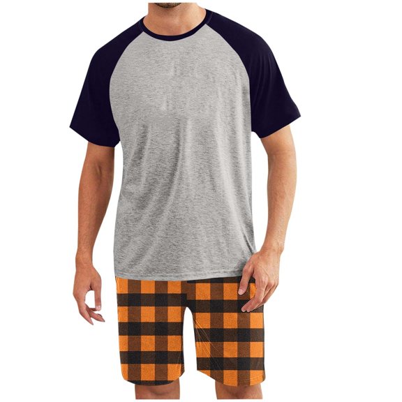 Yievot Mens Pajama Sets Crew Neck Short Sleeve T Shirts 2 Piece Plaid Shorts Lounge Sets PJ Summer Sleepwear