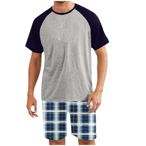 Yievot Mens Pajama Sets Crew Neck Short Sleeve T Shirts 2 Piece Plaid Shorts Lounge Sets PJ Summer Sleepwear