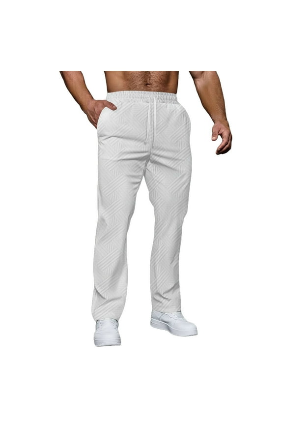 Mens Straight Leg Pants Jacquard Texture Elastic Waist Drawstring Pants Solid Regular Fit Casual Comfy Trousers for Summer Fall