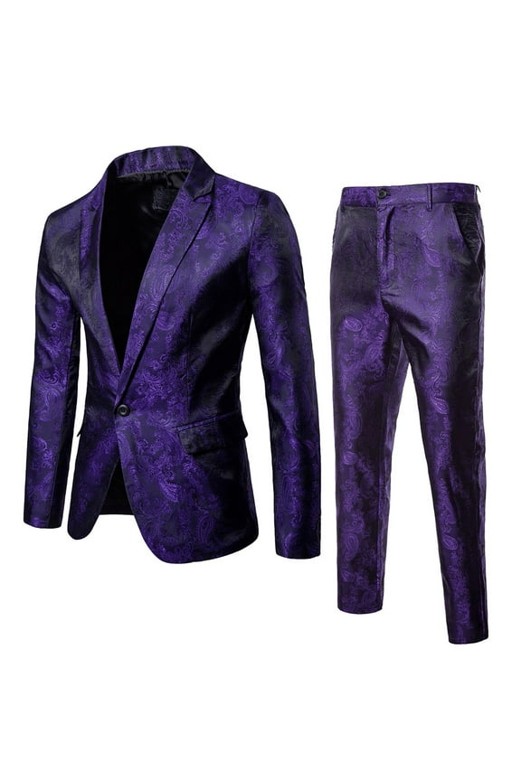 Yievot Mens Suits Groomsmen/Prom Suit Floral Printed Buttons Blazer Jacket with Pocket & Pants 2 Piece Sets Business Clothing Purple M