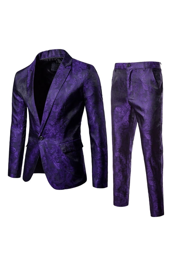 Yievot Mens Suits Groomsmen/Prom Suit Floral Printed Buttons Blazer Jacket with Pocket & Pants 2 Piece Sets Business Clothing Purple XXL