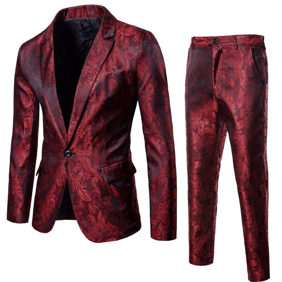 Yievot Mens Suits Clearance Groomsmen/Prom Suit Floral Printed Buttons Blazer Jacket with Pocket & Pants 2 Piece Sets Business Clothing Wine L