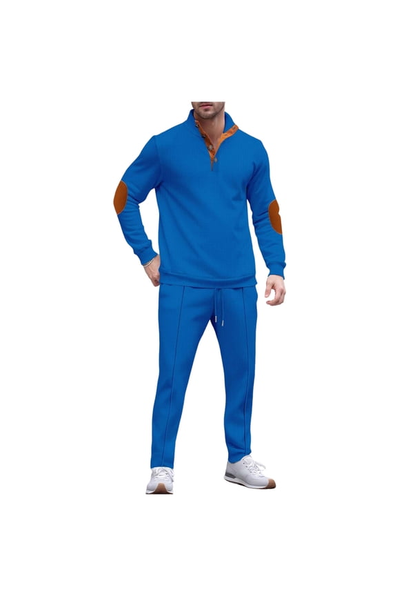 Mens Waffle Sweat Sets 2 Piece Outfits Sweatsuit Stand Collar Long Sleeve Sweatshirt & Elastic Waist Pants Set Lounge Wear Tracksuit Set