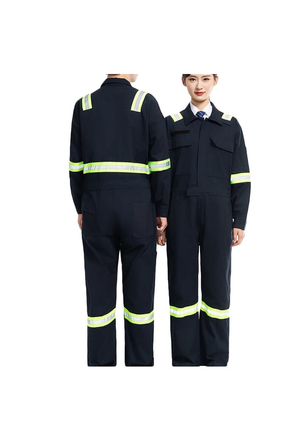 Mens Work Coveralls Lapel Long Sleeve Reflective Safety Utility Workwear Jumpsuit With Multi pockets