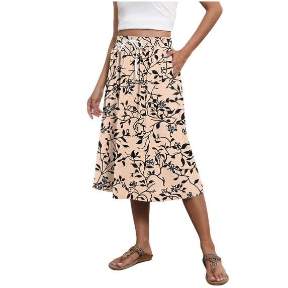 Yievot Midi Skirts for Women Flowy Boho Floral Skirt A Line Drawstring High Waisted Pleated Skirts for Vacation Beach