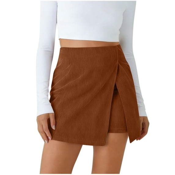 Yievot Mini Skirts for Women with Shorts Underneath Solid Casual High Waisted Zipper Corduroy Skirt