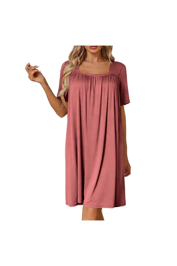 Nightgowns for Women Casual Loose Sleepwear Pleated Short Sleeve Night Gown Ladies Sleep Dress