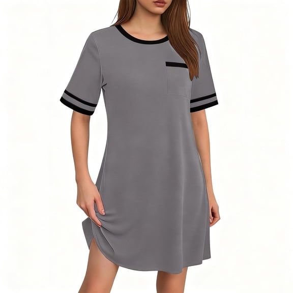Yievot Nightgowns for Women Soft Sleepwear Color Block Short Sleeve Sleep Shirts Crew Neck Night Shirts with Pocket