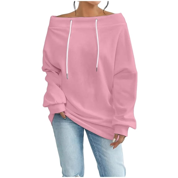 Yievot Off The Shoulder Sweatshirts for Women Crewneck Oversized Sweatshirt Drawstring Long Sleeve Basic Pullover Tops with Pocket