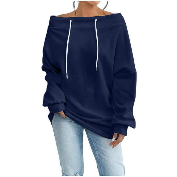 Yievot Off The Shoulder Sweatshirts for Women Crewneck Oversized Sweatshirt Drawstring Long Sleeve Basic Pullover Tops with Pocket