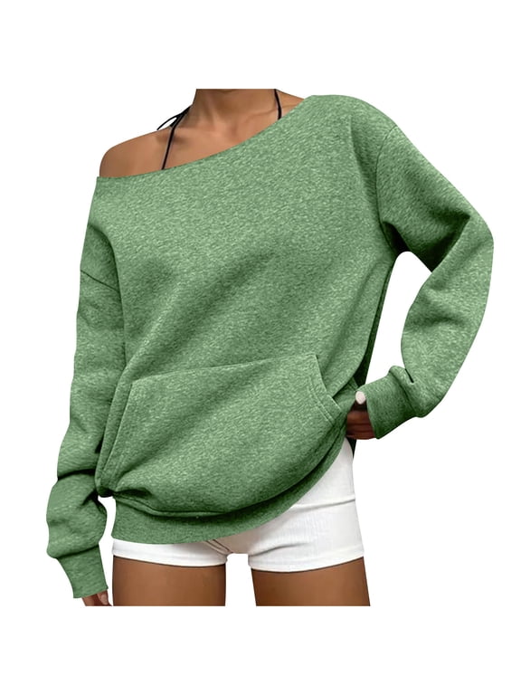 Off the Shoulder Sweatshirt for Women Boat Neck Long Sleeve Sweatshirt Solid Color Casual Top with Pocket