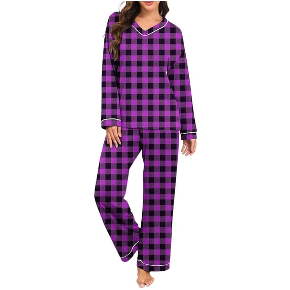 Maplenight Pajama Sets for Women Plaid V-Neck Long Sleeve Sleepwear and Sleep Pants 2 Piece Ladies Pjs Lounge Set