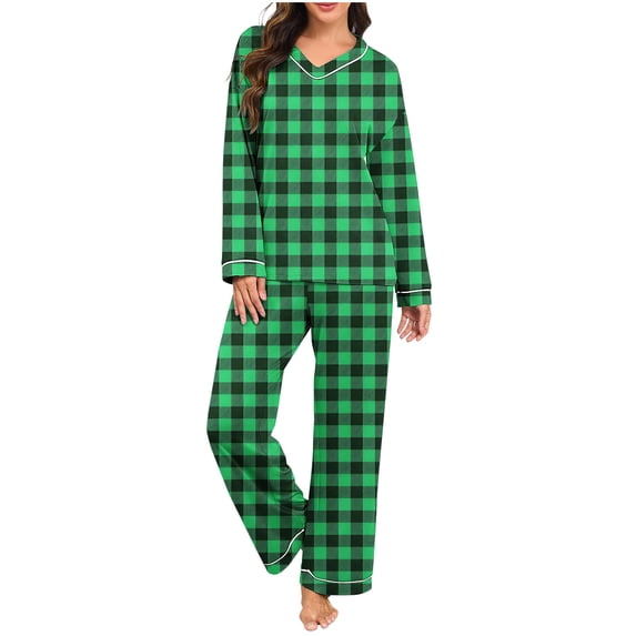 Maplenight Pajama Sets for Women Plaid V-Neck Long Sleeve Sleepwear and Sleep Pants 2 Piece Ladies Pjs Lounge Set