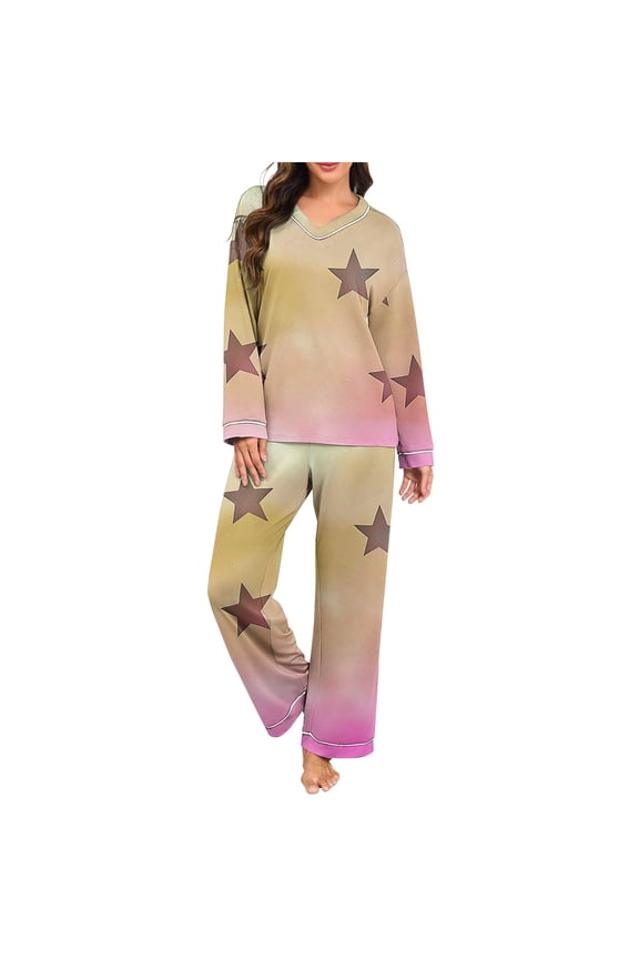 Pajama Sets for Women Star Printed V-Neck Long Sleeve Sleepwear and Sleep Pants 2 Piece Ladies Pjs Lounge Set