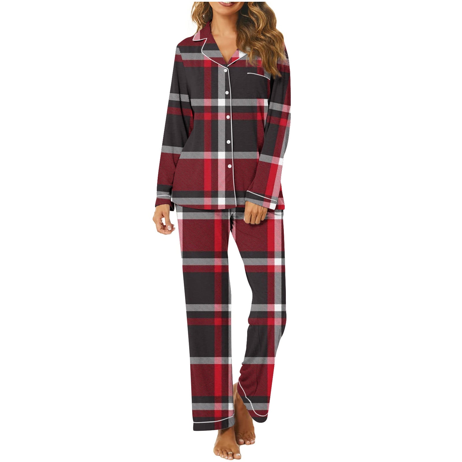 Ailizeye Women's Full Sleeve Cotton Pajama Set – Button-Down Top, Pockets, Long Sleeve Nightwear, Comfy Lounge Sleepwear