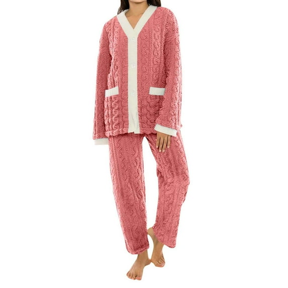 Maplenight Pajamas for Women Set 2 Piece Fuzzy Fleece Cozy Thermal Winter Loungewear Button Down Tops Pajama Pants Lounging Warm Sleepwear