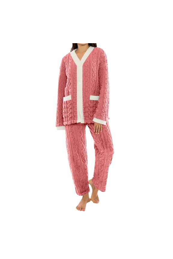Pajamas for Women Set 2 Piece Fuzzy Fleece Cozy Thermal Winter Loungewear Button Down Tops Pajama Pants Lounging Warm Sleepwear