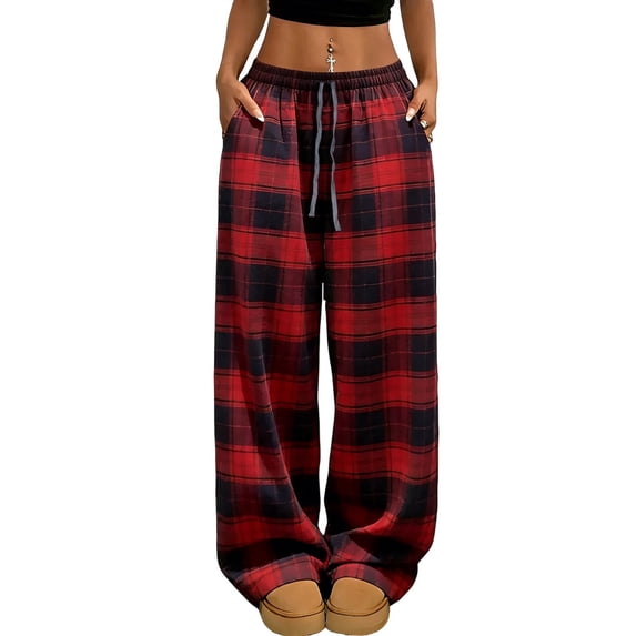 Yievot Plaid Wide Leg Pants for Women with Pockets Drawstring Elastic Waist Lounge Pants with Pockets