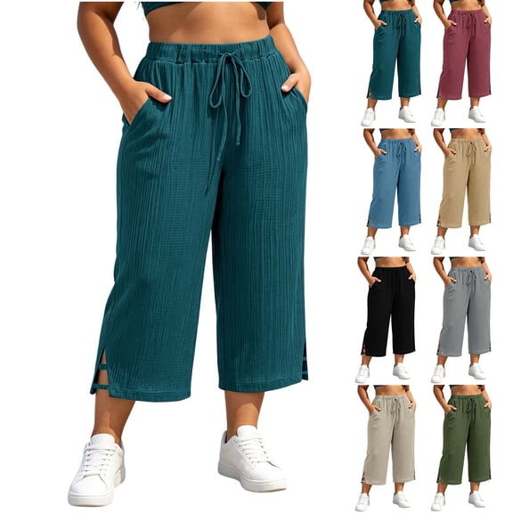 Yievot Plus Size Capris for Women Textured Wide Leg Pants Casual Drawstring Elastic Waist Side Slit Loose Fit Summer Cropped Pants
