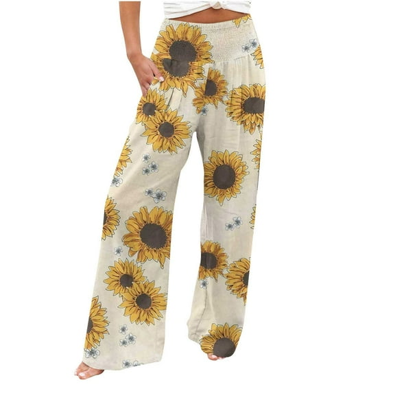 Yievot Plus Size Linen Pants for Women L Yellow Clearance High Waist Straight Pants Women's Loose Wide Leg Pants Casual Printing Pants