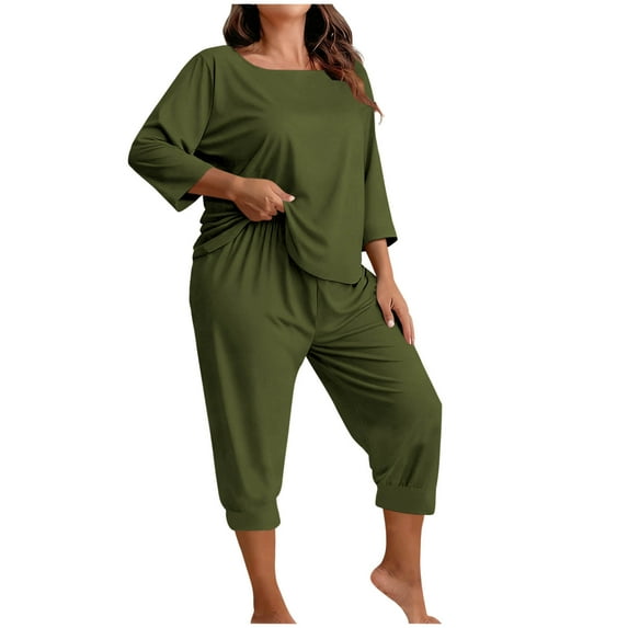 Yievot Plus Size Pajamas for Women Set Summer 3/4 Sleeve Sleepwear Soft Comfy 2 Piece Lounge Sets