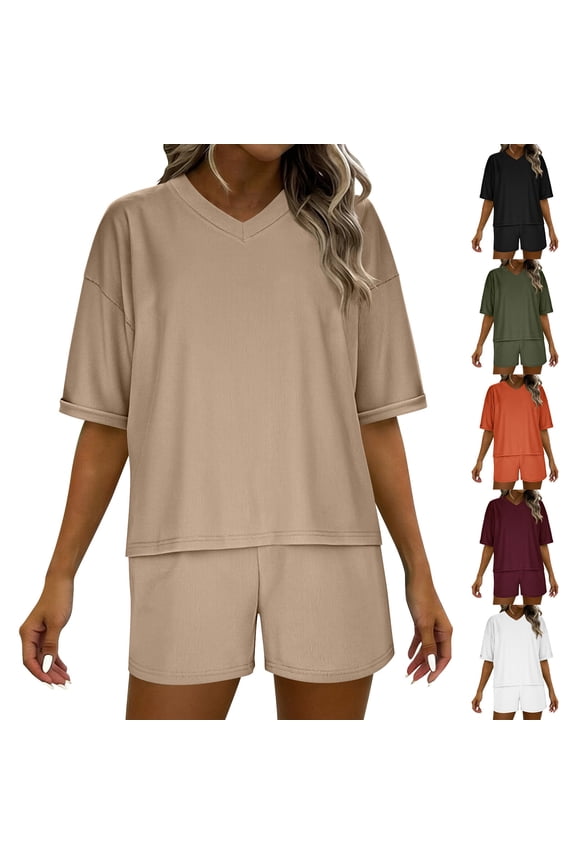 Ribbed Knit Short Sets for Women Two Piece Outfits Oversized Short Sleeve Lounge Matching Set Ladies Summer Outfit