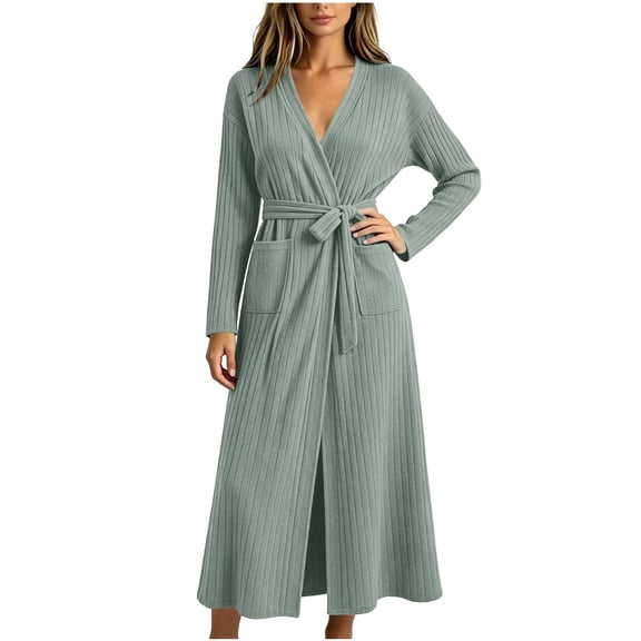 Yievot Robes for Women Long Sleeve Bathrobe with Pocket Long Ribbed Knit Soft Robes