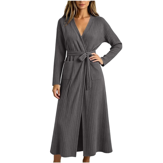 Yievot Robes for Women Long Sleeve Bathrobe with Pocket Long Ribbed Knit Soft Robes