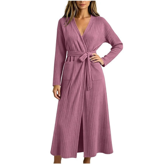 Yievot Robes for Women Long Sleeve Bathrobe with Pocket Long Ribbed Knit Soft Robes