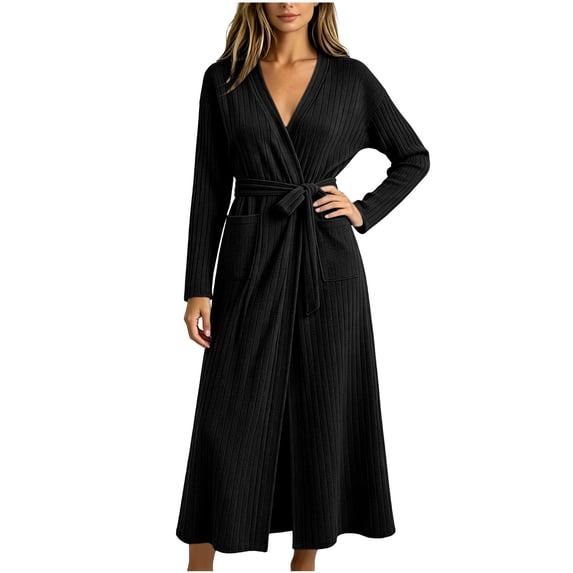 Yievot Robes for Women Long Sleeve Bathrobe with Pocket Long Ribbed Knit Soft Robes