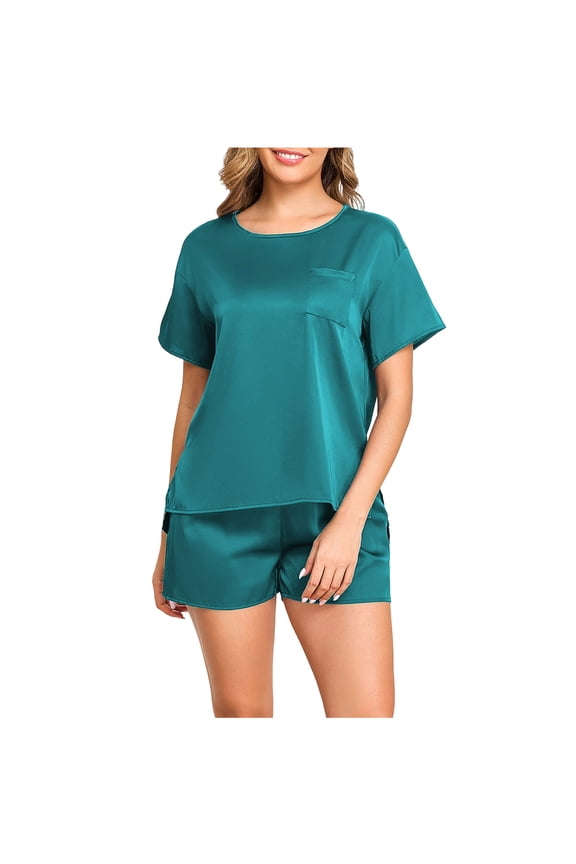 Satin Pajamas for Women Set Short Sleeve Silk Pajama Set 2 Piece Sleepwear Lounge Sets with Pockets