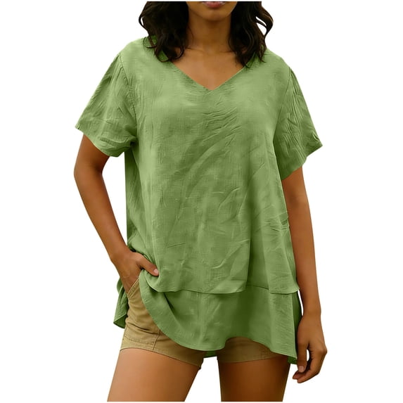 Yievot Short Sleeve Linen Shirts for Women Loose Casual V-Neck Summer Tops Flowy Layered Ruffle Beach Blouses
