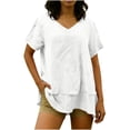 thumbnail image 1 of Yievot Short Sleeve Linen Shirts for Women Loose Casual V-Neck Summer Tops Flowy Layered Ruffle Beach Blouses, 1 of 7