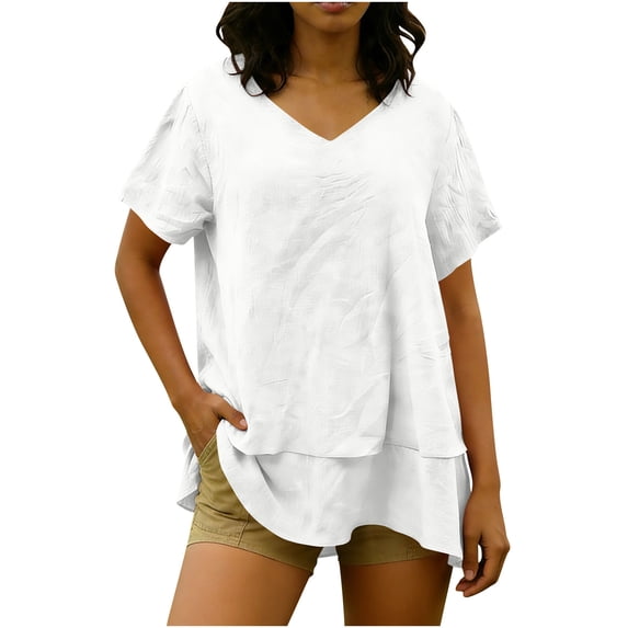 Yievot Short Sleeve Linen Shirts for Women Loose Casual V-Neck Summer Tops Flowy Layered Ruffle Beach Blouses