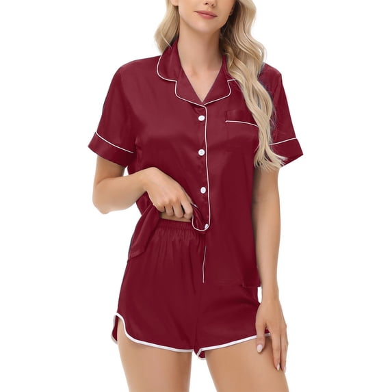 Maplenight Silk Pajama Sets for Women 2 Piece Striped Button Down Loungewear Pjs Set Summer Short Sleeve Sleepwear