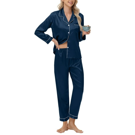 Maplenight Silk Pajamas for Women Set 2 Piece Soft Button Down Long Sleeve Tops and Elastic Pants Loungewear Set with Pockets