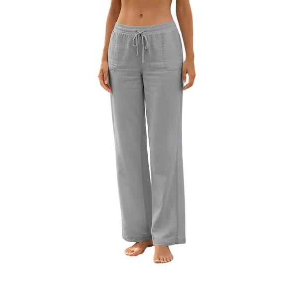Yievot Summer Linen Pants for Women Drawstring Wide Leg Casual Pants Elastic Waist Vacation Beach Pants with Pockets