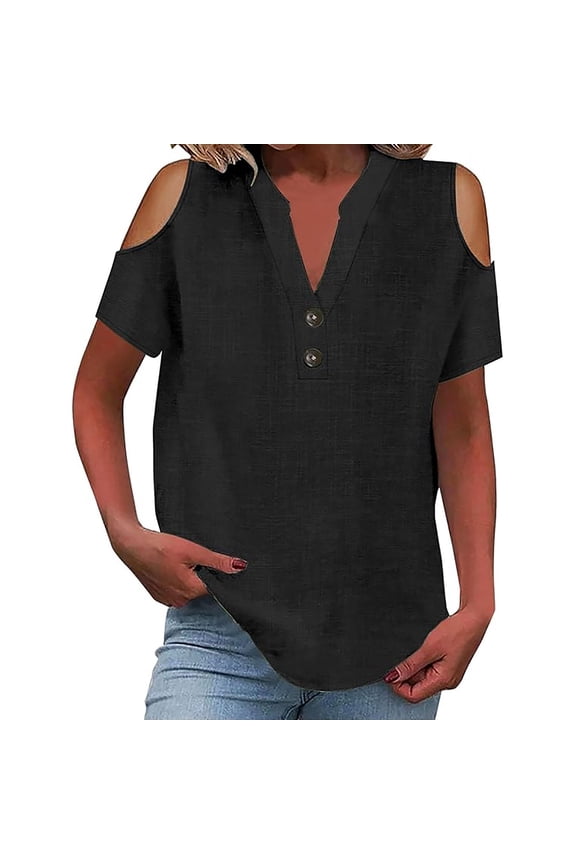 Summer Linen Tops for Women Trendy Short Sleeve Cold Shoulder Shirts Causal Button V Neck Blouses