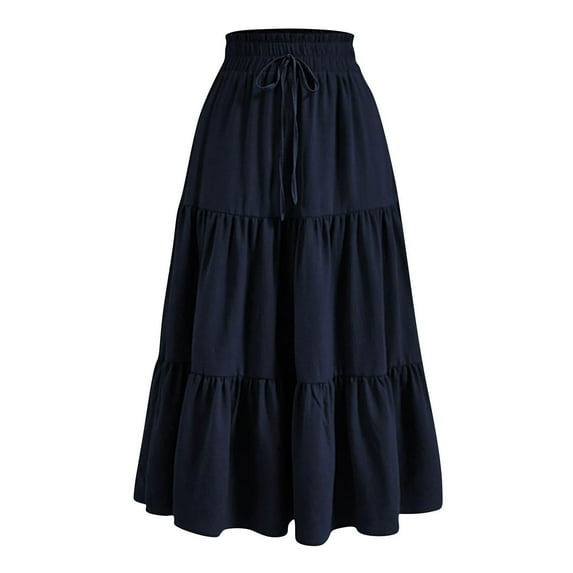 Yievot Summer Maxi Skirts for Women Casual Drawstring High Waist Tiered Pleated Ruffle Long Skirts Flowy Beach Boho Skirt with Pockets