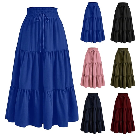 Yievot Summer Maxi Skirts for Women Casual Drawstring High Waist Tiered Pleated Ruffle Long Skirts Flowy Beach Boho Skirt with Pockets