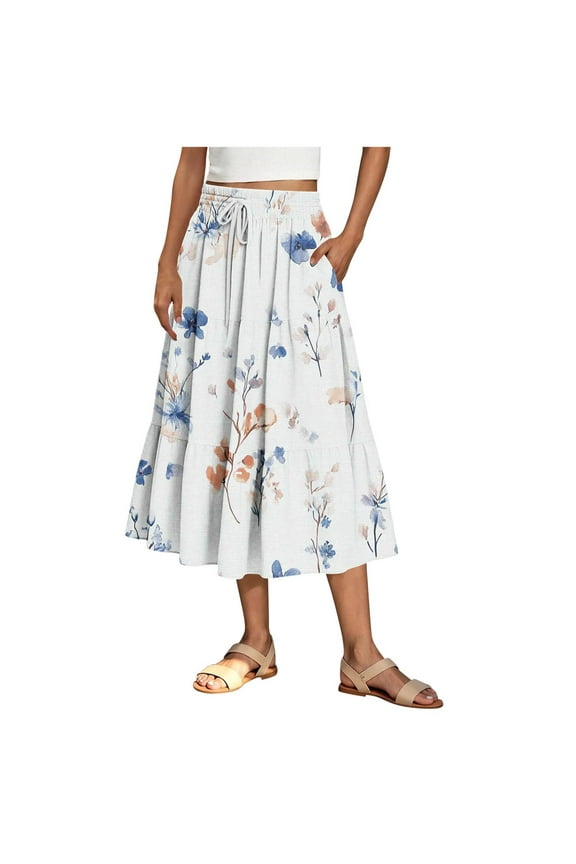 Summer Maxi Skirts for Women Drawstring High Waist Tiered Pleated Ruffle Long Skirts Floral Graphic Flowy Beach Boho Skirt with Pockets