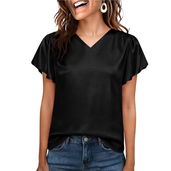 Yievot Summer Satin Blouses for Women Dressy Casual Ruffle Sleeve V Neck Business Work Womens Tops