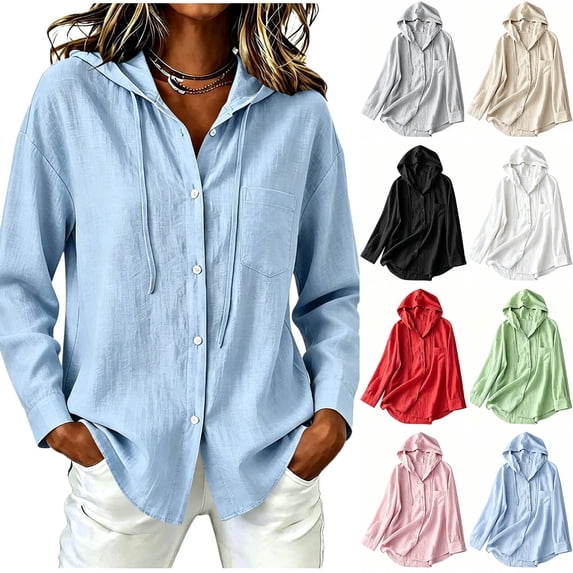 Yievot Sun Protection Button Down Shirts for Women Cotton Linen Hooded Tops Drawstring Long Sleeve Summer Vacation Beach Tops with Pocket