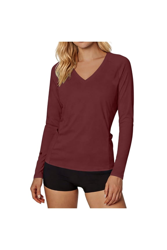 Sun Protection Rash Guard for Women V Neck Long Sleeve Breathable Swimming Workout Tops with Pockets