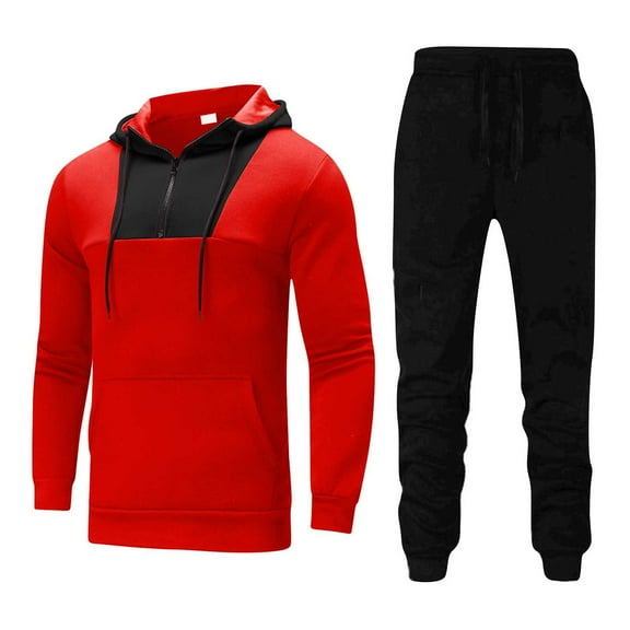 Yievot Sweat Suits for Mens 2 Piece Round Neck Patchwork Long Sleeve Hooded Jacket + Loose Athletic Sweatpants Outfits M-3XL Red