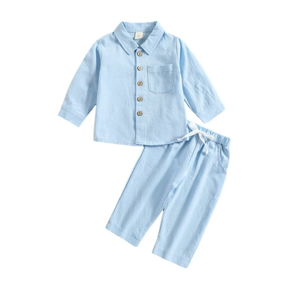 Yievot Toddler Baby Boy Girl Cotton Pants Set Solid Long Sleeve Button Down Shirt Top Drawstring Elastic Waist Pants Outfit 6 Months-3 Years 2024 Baby Outfits Clothing on Clearance