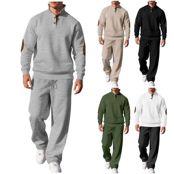 Yievot Tracksuit for Men Knit Ribbed 2 Piece Outfits Sweatsuit Stand Collar Long Sleeve Sweatshirt & Drawstring Pants Set Lounge Wear Sweat Sets
