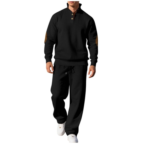 Yievot Tracksuit for Men Knit Ribbed 2 Piece Outfits Sweatsuit Stand Collar Long Sleeve Sweatshirt & Drawstring Pants Set Lounge Wear Sweat Sets